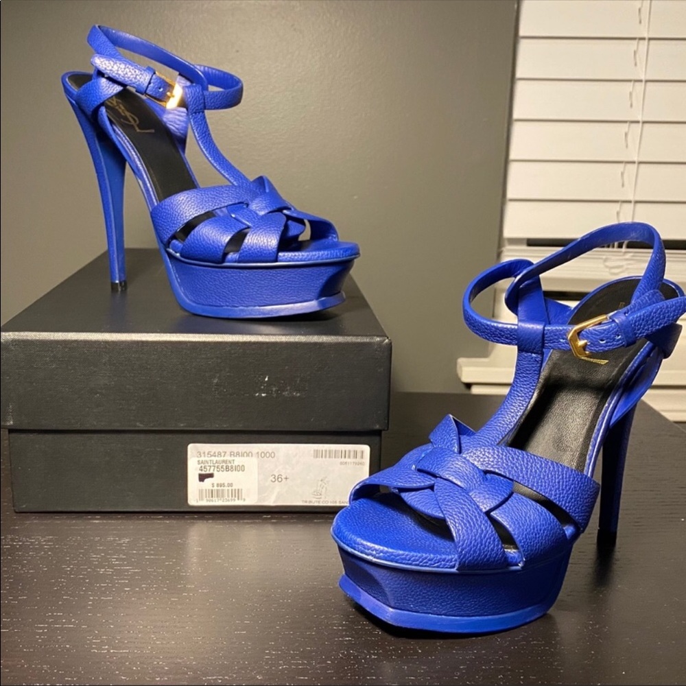 Yves Saint Laurent Electric Blue Leather Platform Sandal Heels